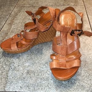 Jessica Simpson Tan/Brown Strappy High Heel Woven Wedges